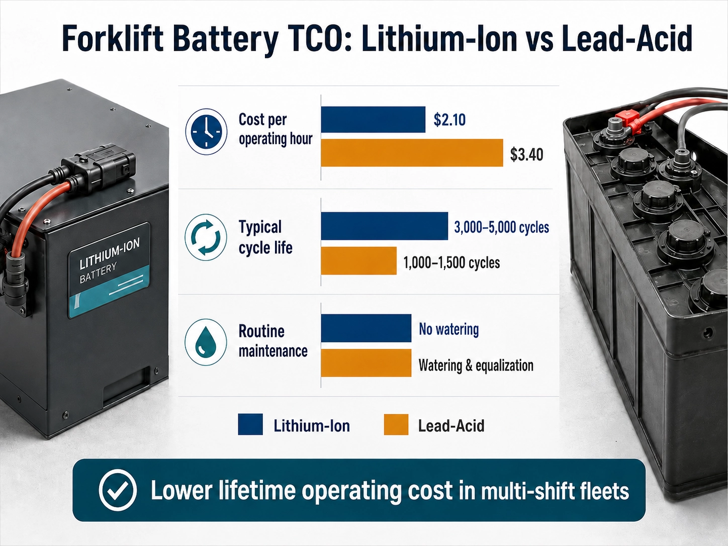 Lithium vs lead acid forklift battery TCO comparison chart highlighting operating hour cost efficiency and long term cycle life metrics